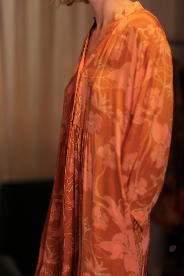 SUSIE SILK DRESS ORANGE FLOWER - sustainably made MOMO NEW YORK sustainable clothing, Boho Chic Dress slow fashion