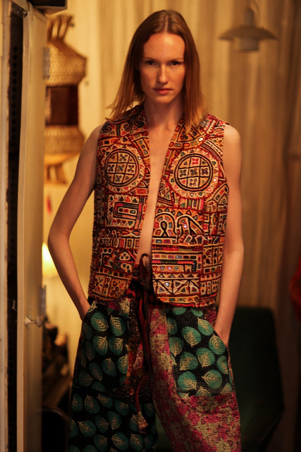 TENZIN HANDMADE EMBROIDERED GILET RED - sustainably made MOMO NEW YORK sustainable clothing, Coat slow fashion