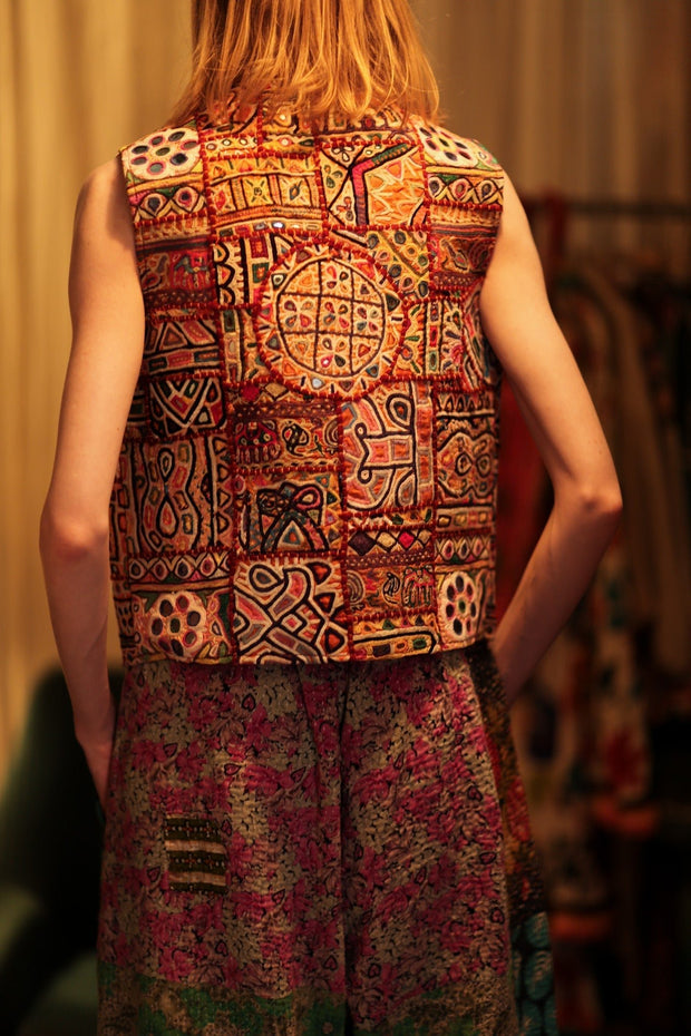 TENZIN HANDMADE EMBROIDERED GILET RED - sustainably made MOMO NEW YORK sustainable clothing, Coat slow fashion