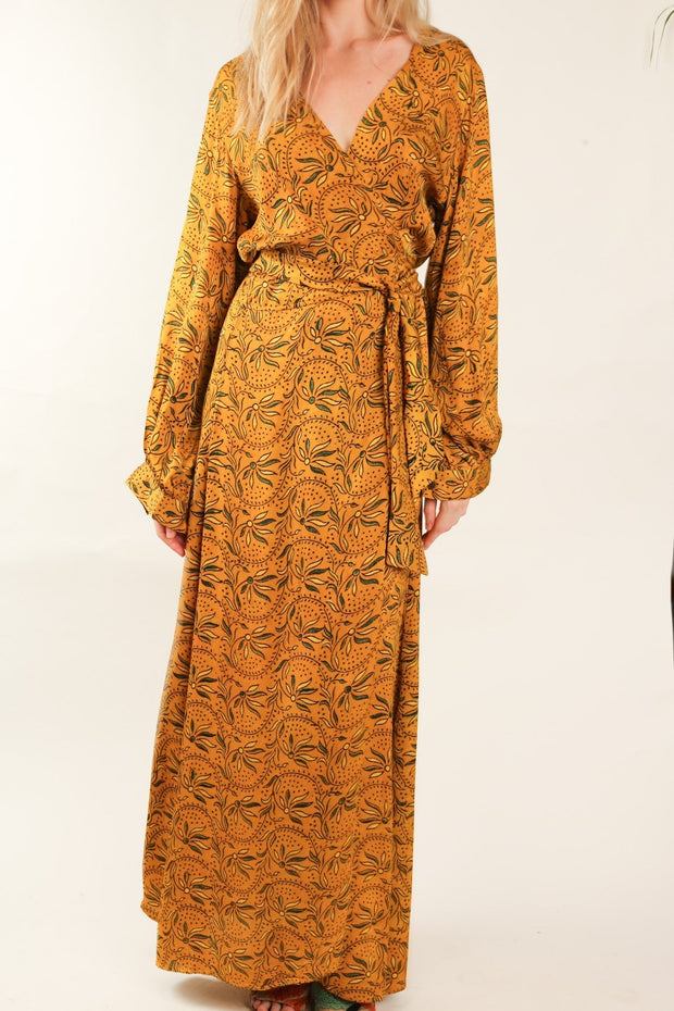 YELLOW SILK WRAP DRESS LOTIZIA - sustainably made MOMO NEW YORK sustainable clothing, dress slow fashion