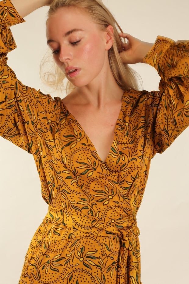 YELLOW SILK WRAP DRESS LOTIZIA - sustainably made MOMO NEW YORK sustainable clothing, dress slow fashion