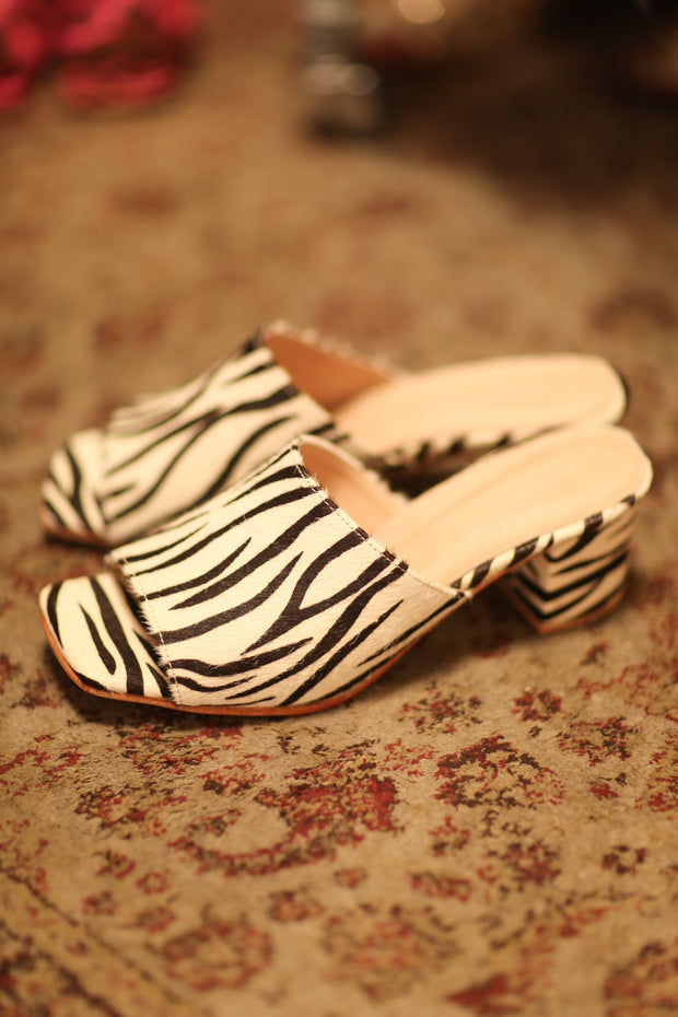ZEBRA PRINT HEELED MULES - sustainably made MOMO NEW YORK sustainable clothing, new slow fashion