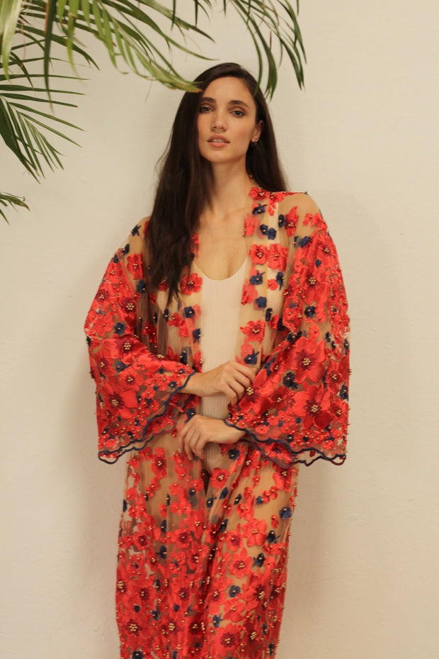 APHRODITE FLOWER CHIFFON SILK KIMONO - sustainably made MOMO NEW YORK sustainable clothing, Embroidered Kimono slow fashion