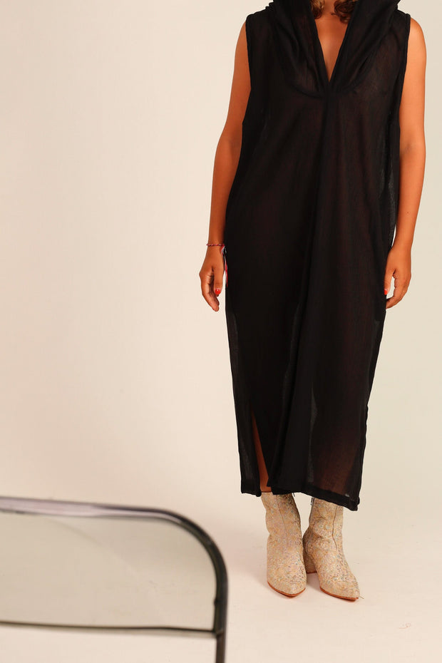 BLACK COTTON HOODIE DRESS SHARA - sustainably made MOMO NEW YORK sustainable clothing, Kimono slow fashion