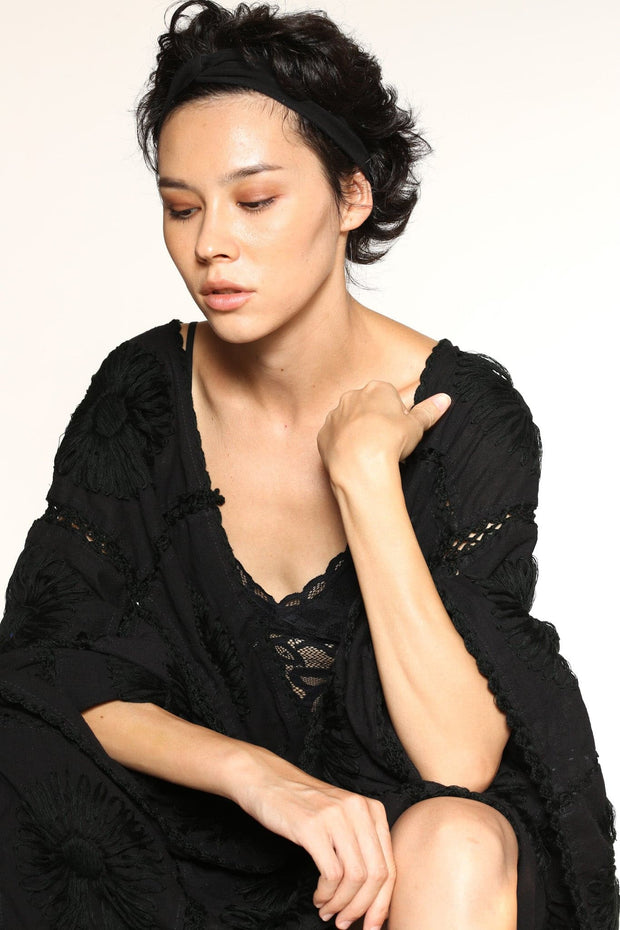 BLACK KIMONO EMBROIDERED FLORA CROCHET - sustainably made MOMO NEW YORK sustainable clothing, crochet slow fashion