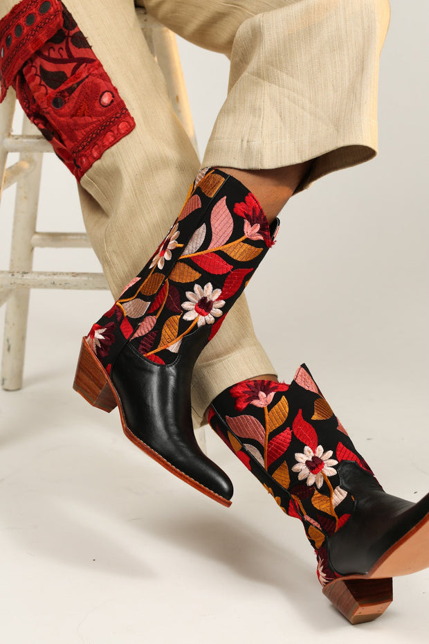 BLACK LEATHER BLACK EMBROIDERED WESTERN BOOTS X ANTHROPOLOGIE - sustainably made MOMO NEW YORK sustainable clothing, boots slow fashion