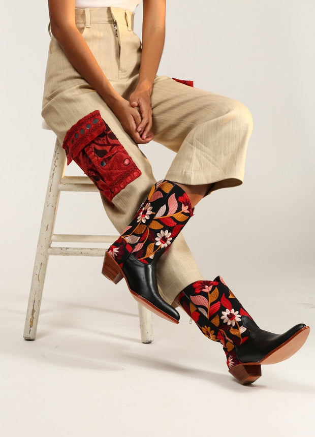 BLACK LEATHER BLACK EMBROIDERED WESTERN BOOTS X ANTHROPOLOGIE - sustainably made MOMO NEW YORK sustainable clothing, boots slow fashion