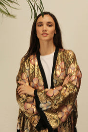 BLACK SEQUIN EMBROIDERED FLOWER KIMONO - sustainably made MOMO NEW YORK sustainable clothing, Embroidered Kimono slow fashion