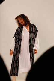 BLACK SILK FEATHER PRINT KIMONO WYNN - sustainably made MOMO NEW YORK sustainable clothing, Kimono slow fashion