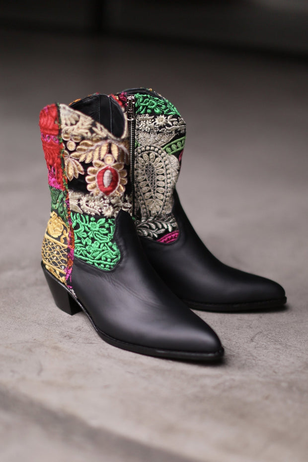 BOOTS BENNY EMBROIDERED PATCHWORK / LEATHER - sustainably made MOMO NEW YORK sustainable clothing, slow fashion