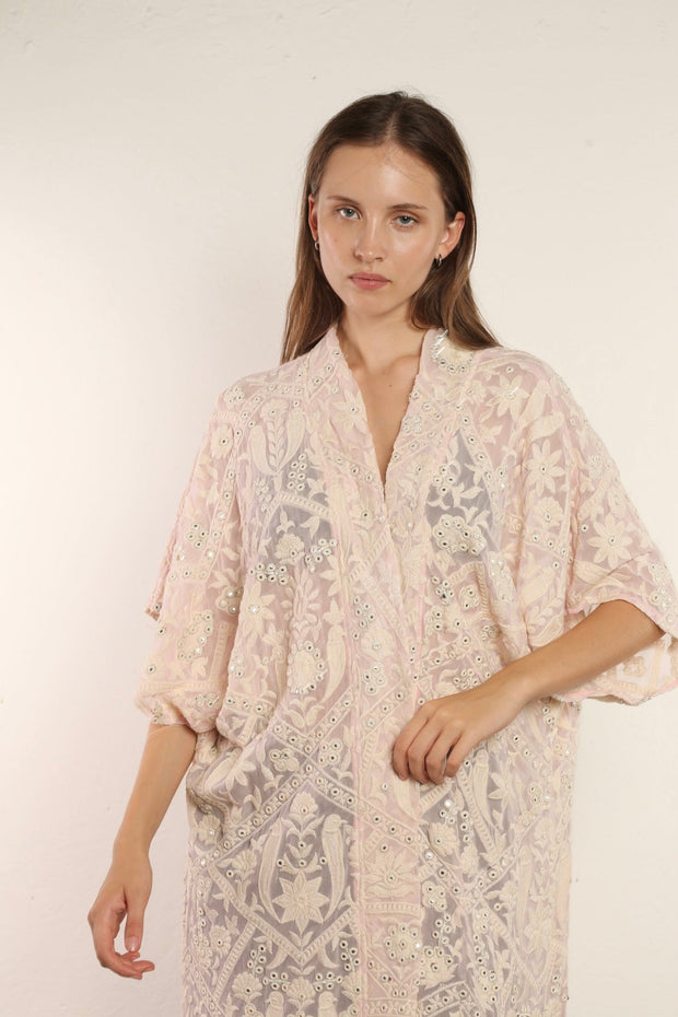 CLEMATIS LIGHT PINK LACE KIMONO - sustainably made MOMO NEW YORK sustainable clothing, Embroidered Kimono slow fashion