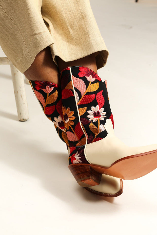 CREME LEATHER BLACK EMBROIDERED WESTERN BOOTS X ANTHROPOLOGIE - sustainably made MOMO NEW YORK sustainable clothing, boots slow fashion