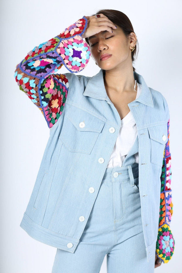 DENIM CROCHET SLEEVE JACKET NIALA - sustainably made MOMO NEW YORK sustainable clothing, crochet slow fashion