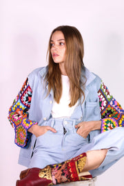 DENIM JACKET CROCHET SLEEVES VICKY - sustainably made MOMO NEW YORK sustainable clothing, crochet slow fashion