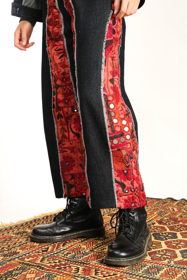 DENIM PANTS EMBROIDERED PATCHWORK VICKY - sustainably made MOMO NEW YORK sustainable clothing, fall22 slow fashion