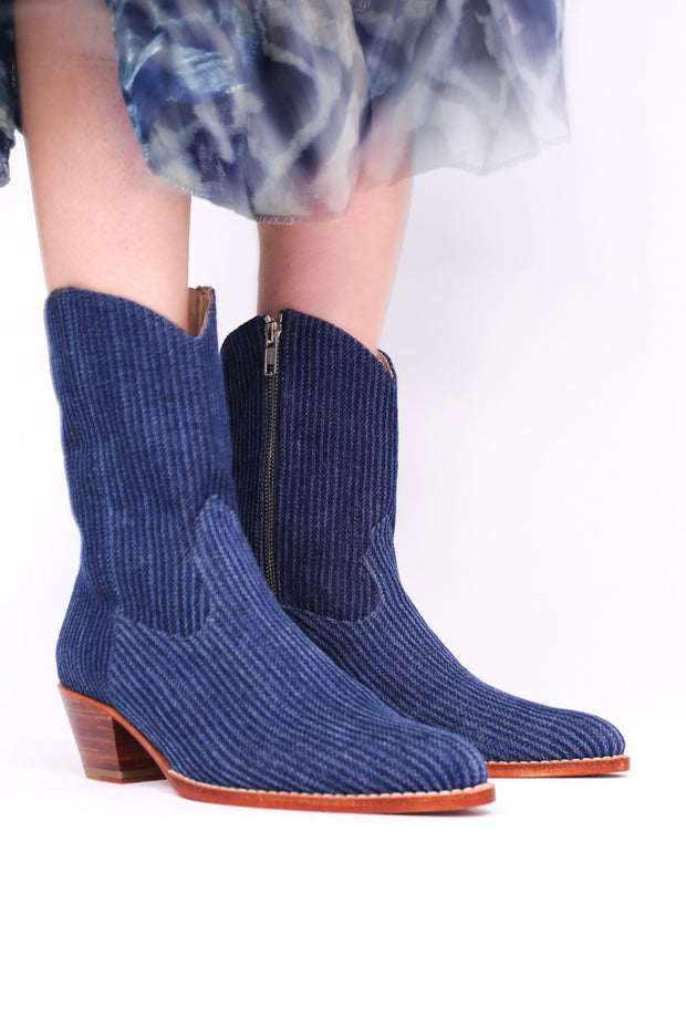 DENIM STRIPE ANKLE BOOTS TUZIA - sustainably made MOMO NEW YORK sustainable clothing, boots slow fashion