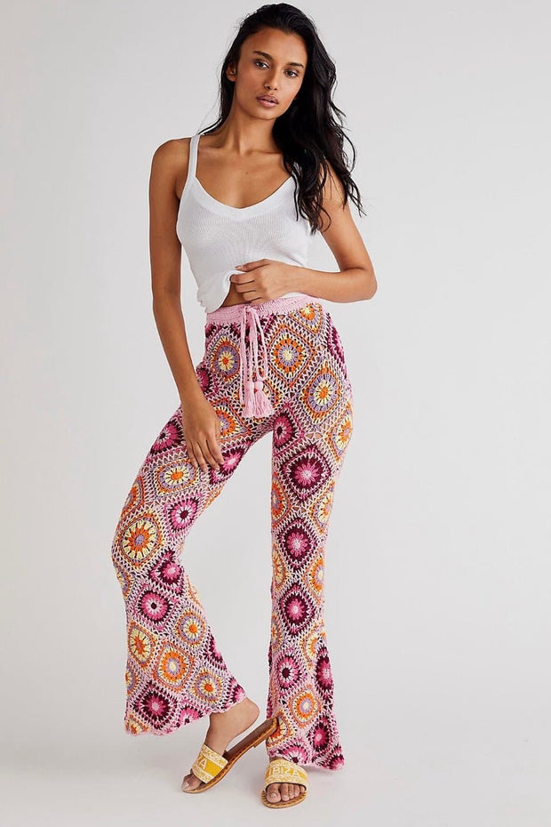 DIAMOND CROCHET FLARE PANTS X FREE PEOPLE - sustainably made MOMO NEW YORK sustainable clothing, crochet slow fashion