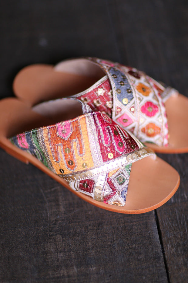 EMBROIDERED LEATHER SLIP ON SANDALS TRIBECA - sustainably made MOMO NEW YORK sustainable clothing, sandals slow fashion