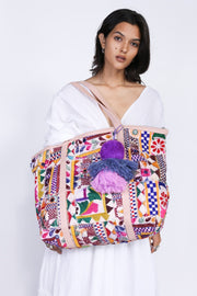 Embroidered patchwork tote marlowe - sustainably made MOMO NEW YORK sustainable clothing, samplesale1022 slow fashion