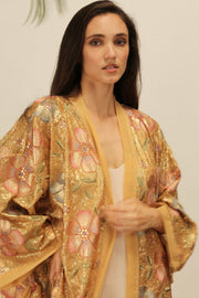 GOLDEN FLOWER CHIFFON SILK KIMONO - sustainably made MOMO NEW YORK sustainable clothing, Embroidered Kimono slow fashion