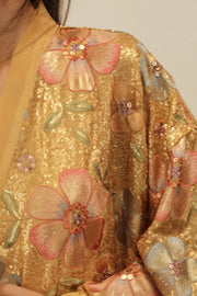 GOLDEN FLOWER CHIFFON SILK KIMONO - sustainably made MOMO NEW YORK sustainable clothing, Embroidered Kimono slow fashion