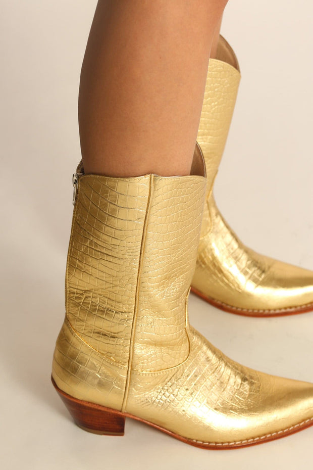 GOLDEN LEATHER WESTERN BOOTS SALA - sustainably made MOMO NEW YORK sustainable clothing, samplesaleshoe0123 slow fashion