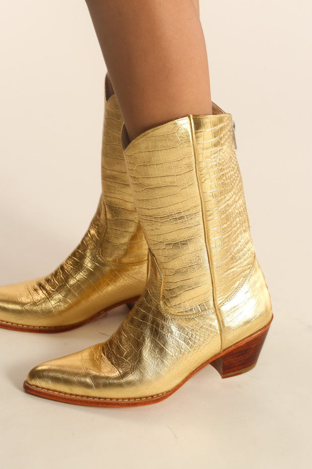 GOLDEN LEATHER WESTERN BOOTS SALA - sustainably made MOMO NEW YORK sustainable clothing, samplesaleshoe0123 slow fashion