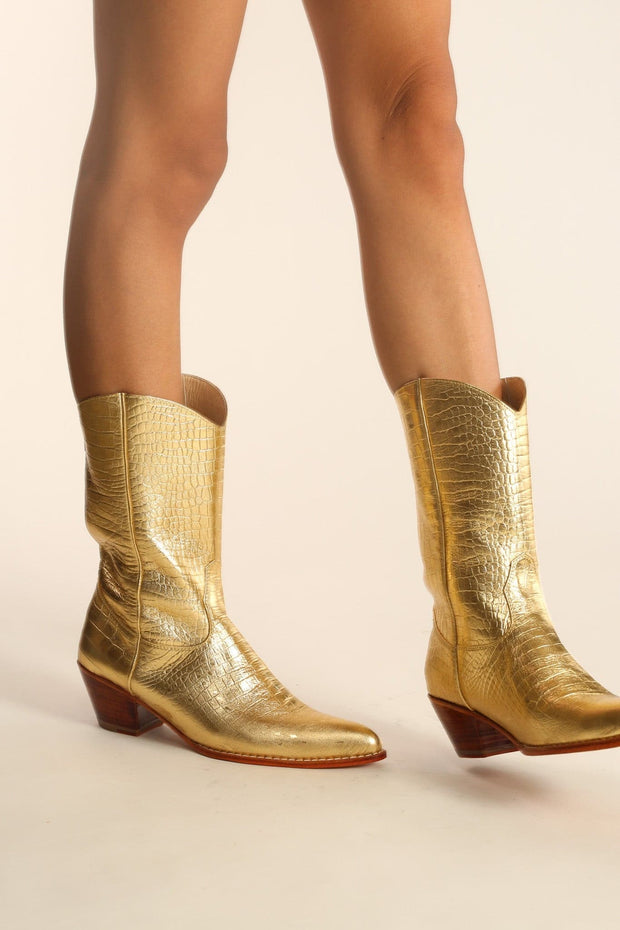 GOLDEN LEATHER WESTERN BOOTS SALA - sustainably made MOMO NEW YORK sustainable clothing, samplesaleshoe0123 slow fashion