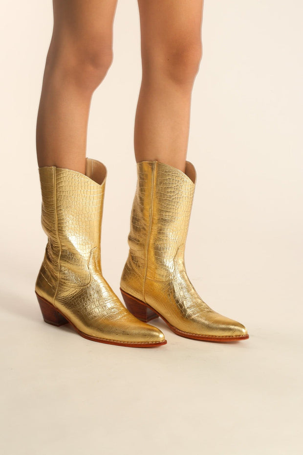 GOLDEN LEATHER WESTERN BOOTS SALA - sustainably made MOMO NEW YORK sustainable clothing, samplesaleshoe0123 slow fashion