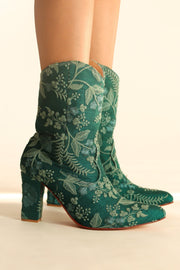 GREEN HIGH HEEL EMBROIDERED BOOTS SOPHIA - sustainably made MOMO NEW YORK sustainable clothing, boots slow fashion