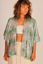 GREEN SEQUIN SHORT KIMONO LUKA - sustainably made MOMO NEW YORK sustainable clothing, Kimono slow fashion