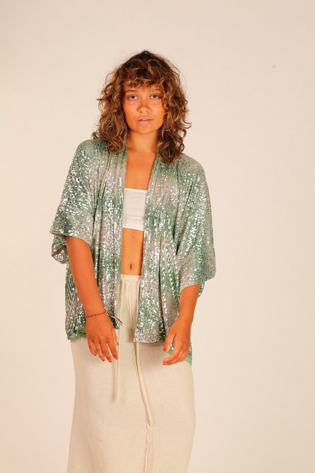 GREEN SEQUIN SHORT KIMONO LUKA - sustainably made MOMO NEW YORK sustainable clothing, Kimono slow fashion