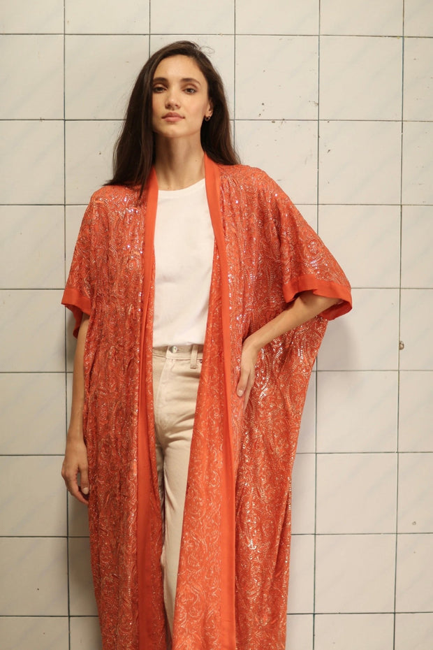 HELIOS ORANGE SILK SEQUIN EMBEROIDERED KIMONO - sustainably made MOMO NEW YORK sustainable clothing, Embroidered Kimono slow fashion