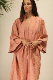 HERA PEACH PINK TUSSER SILK FLOWER KIMONO - sustainably made MOMO NEW YORK sustainable clothing, kimono slow fashion