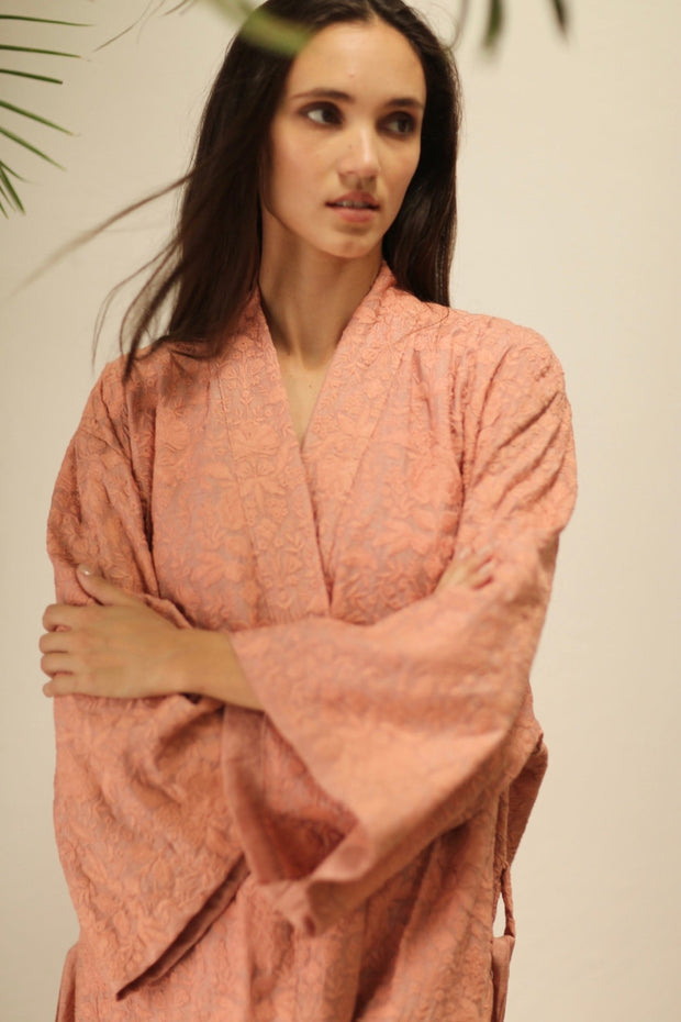 HERA PEACH PINK TUSSER SILK FLOWER KIMONO - sustainably made MOMO NEW YORK sustainable clothing, kimono slow fashion