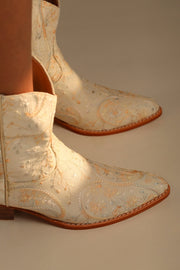 IVORY EMBROIDERED SILK SHORT WESTERN BOOTS FELO - sustainably made MOMO NEW YORK sustainable clothing, boots slow fashion