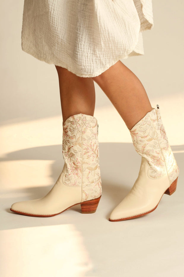 IVORY PINK FLOWER LEAF EMBROIDERED WESTERN BOOTS CHINELO - sustainably made MOMO NEW YORK sustainable clothing, boots slow fashion