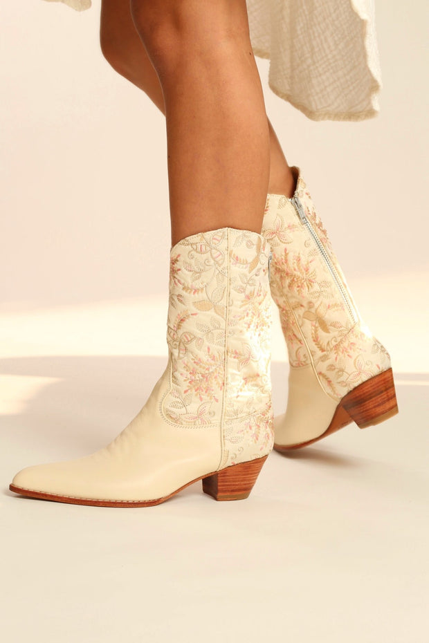 IVORY PINK FLOWER LEAF EMBROIDERED WESTERN BOOTS CHINELO - sustainably made MOMO NEW YORK sustainable clothing, boots slow fashion