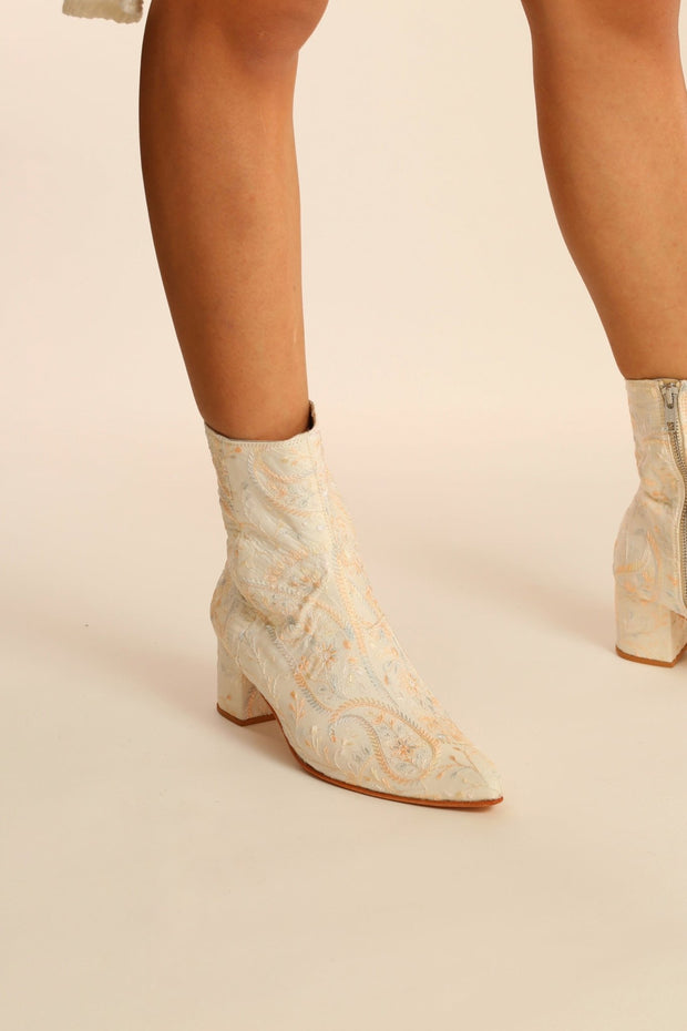 IVORY SILK EMBROIDERED WEDDING BOOTS GOLDEN - sustainably made MOMO NEW YORK sustainable clothing, boots slow fashion