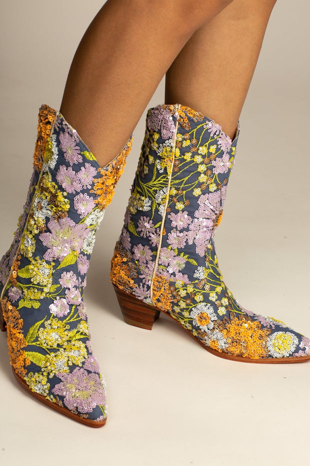 LAVENDER EMBROIDERED FLOWER SEQUIN WESTERN BOOTS - sustainably made MOMO NEW YORK sustainable clothing, boots slow fashion