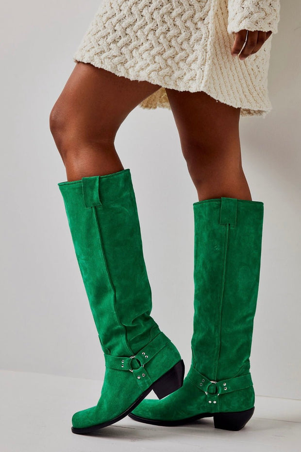 LOCKHARDT SUEDE LEATHER HARNES BOOTS X FREE PEOPLE - sustainably made MOMO NEW YORK sustainable clothing, boots slow fashion