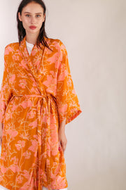 ORANGE FLOWER PRINT SILK KIMONO GOLBY - sustainably made MOMO NEW YORK sustainable clothing, Kimono slow fashion