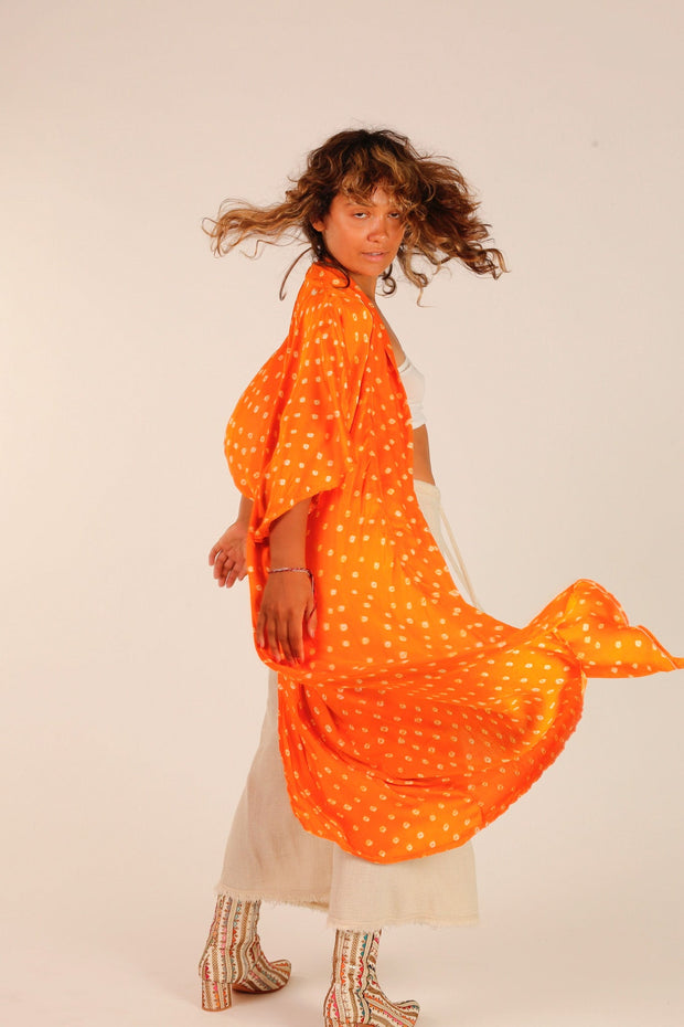 ORANGE POLKA DOT SILK KIMONO - sustainably made MOMO NEW YORK sustainable clothing, Kimono slow fashion