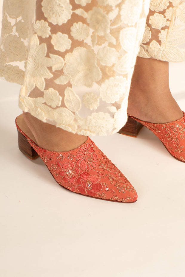 PEACH SILK EMBROIDERED HEELED MULES LISA - sustainably made MOMO NEW YORK sustainable clothing, slow fashion