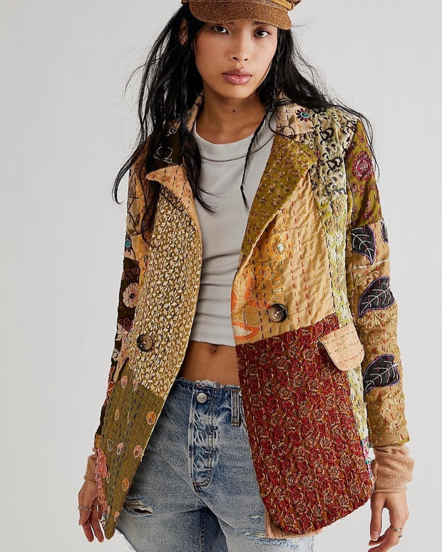 PENNY JACKET EMBROIDERED PATCHWORK X FREE PEOPLE - sustainably made MOMO NEW YORK sustainable clothing, fall22 slow fashion