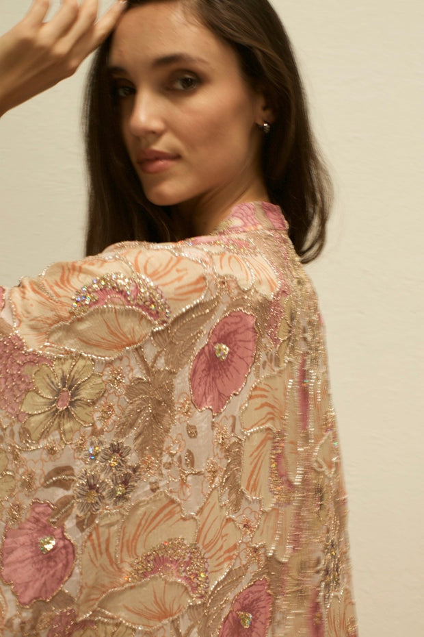 PINK GOLDEN SILK FLOWER KIMONO - sustainably made MOMO NEW YORK sustainable clothing, Embroidered Kimono slow fashion