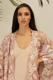 PINK SEQUIN FLOWER KIMONO - sustainably made MOMO NEW YORK sustainable clothing, Embroidered Kimono slow fashion