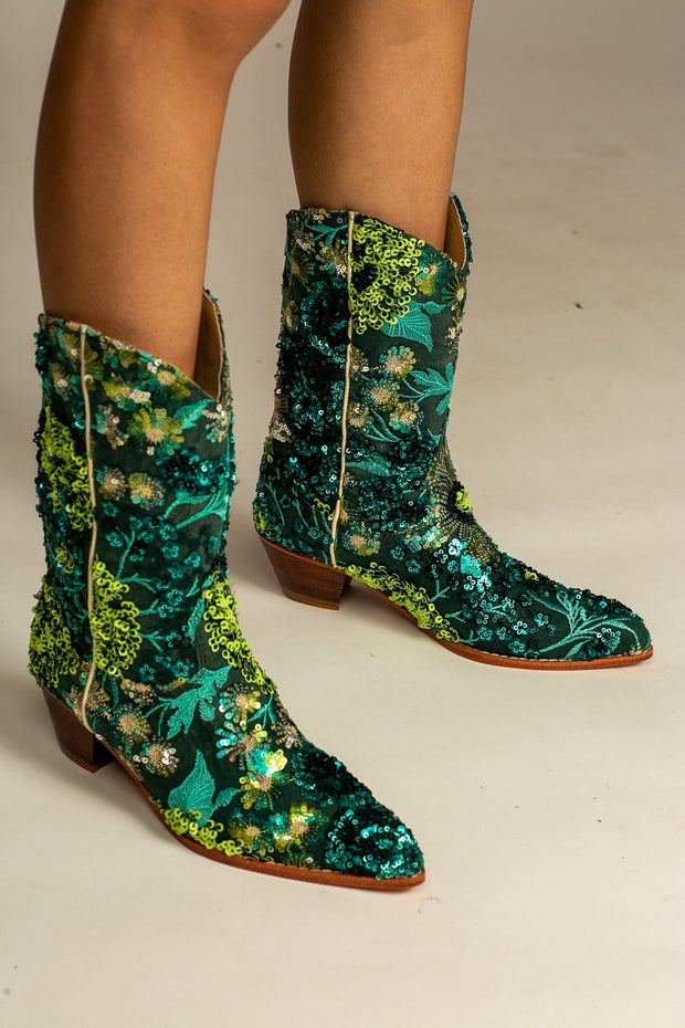 SELINA SEQUIN EMBROIDERED BOOTS FOREST GREEN - sustainably made MOMO NEW YORK sustainable clothing, boots slow fashion