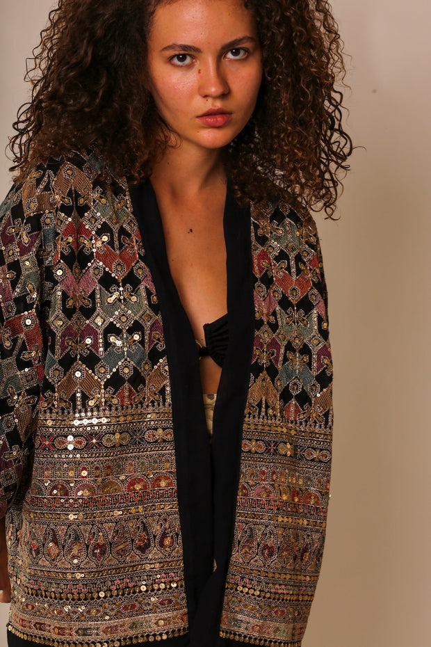 SEQUIN EMBELLISHED CHIFFON SILK SHORT KIMONO - sustainably made MOMO NEW YORK sustainable clothing, slow fashion