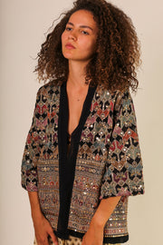 SEQUIN EMBELLISHED CHIFFON SILK SHORT KIMONO - sustainably made MOMO NEW YORK sustainable clothing, slow fashion